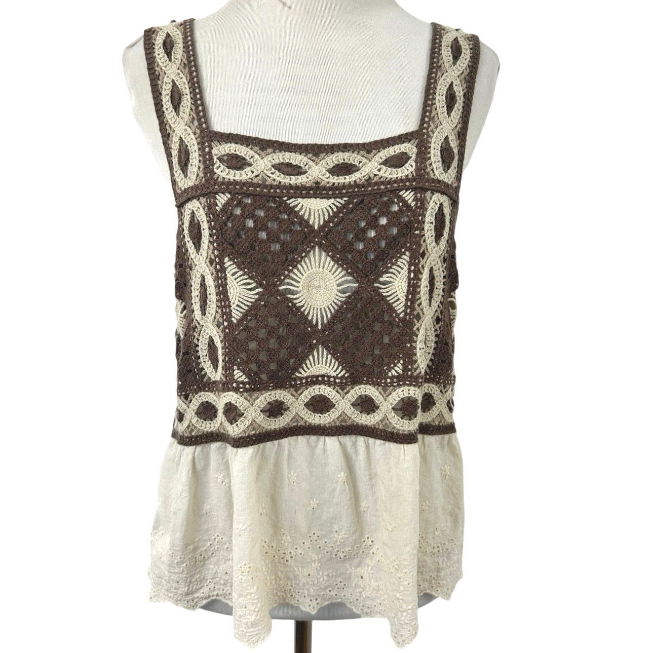 Jaded Gypsy OS Crochet Lace Tank Top Boho Eyelet Cotton Babydoll Ivory Brown