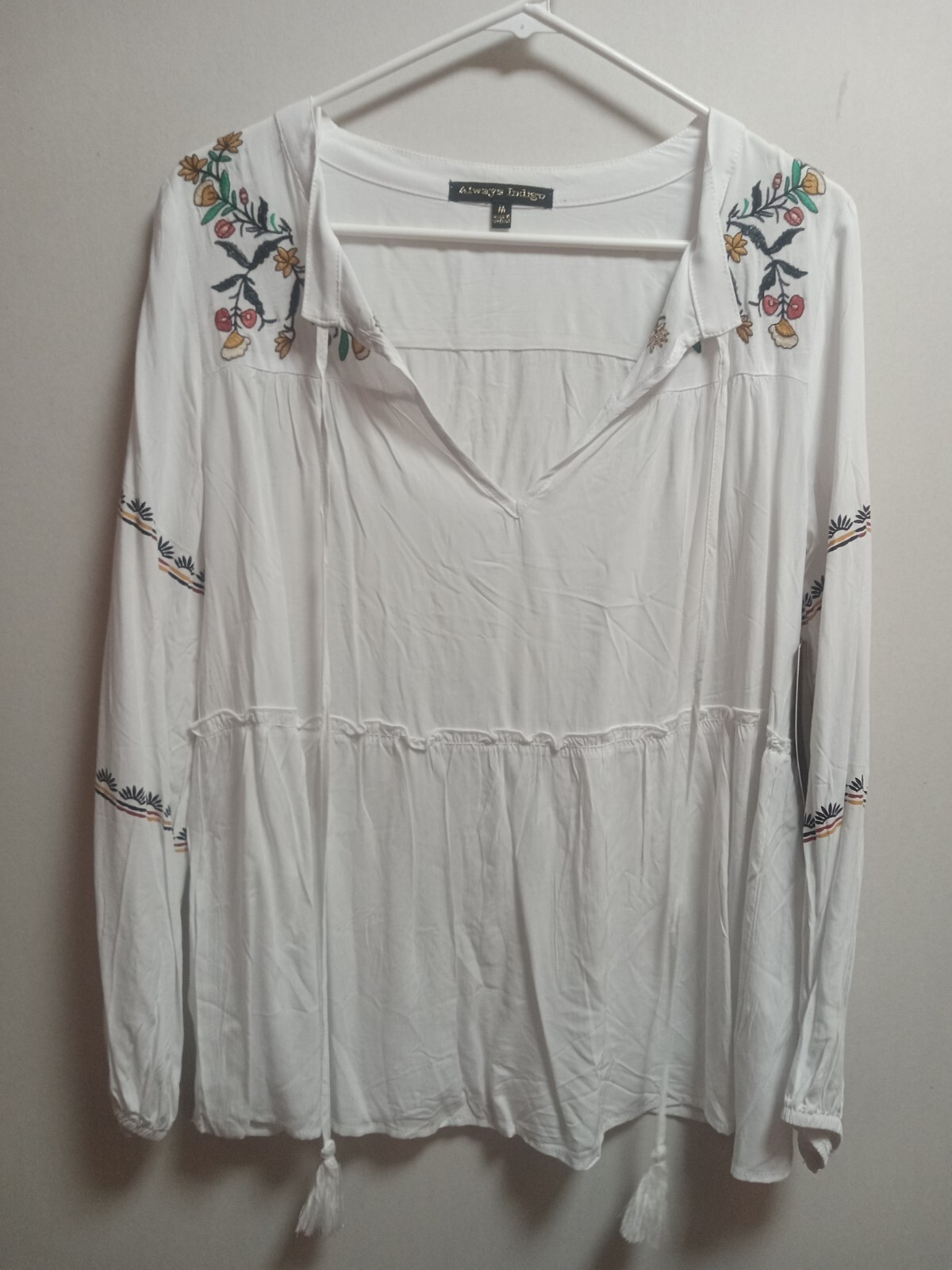 Always Indigo Blouse Womens Size Medium White w/ Floral Embroidery Boho NWT