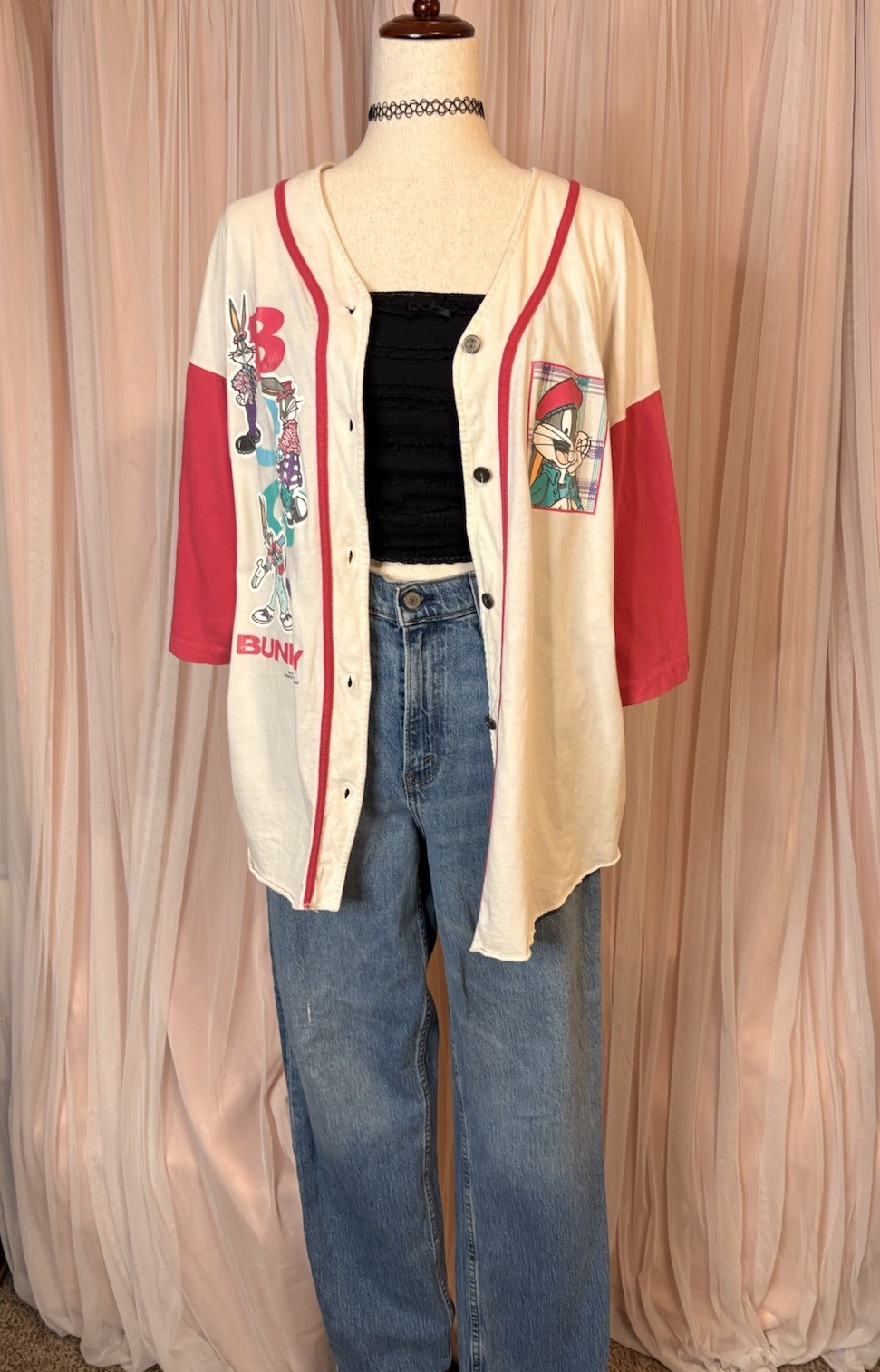 Sun Sportswear Vintage Bugs Bunny Graphic Print Baseball Button Front Top XL