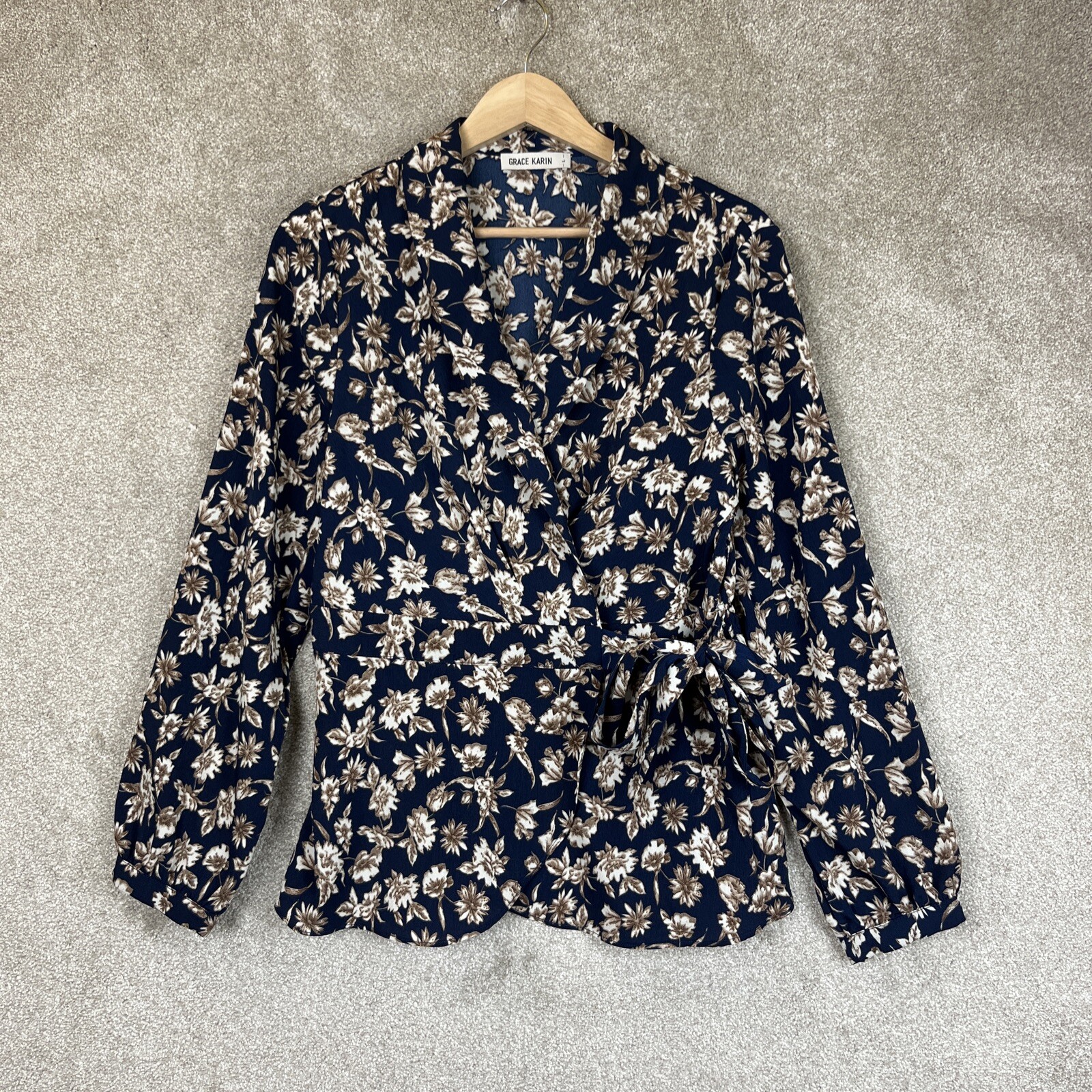 Grace Karin Blouse Womens Large Blue Floral Long Sleeve Polyester Blend- 0001*