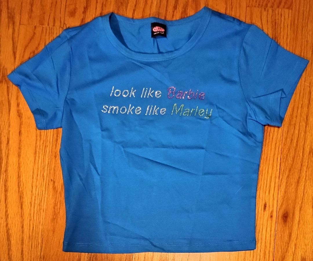 Rhinestone Look Like Barbie Smoke Like Marley Y2K Baby Tee Blue M/Medium NEW