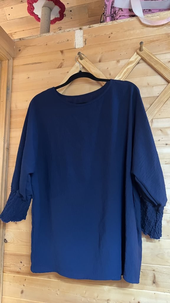 Emery Rose Navy Blue Blouse with Smocked Sleeves