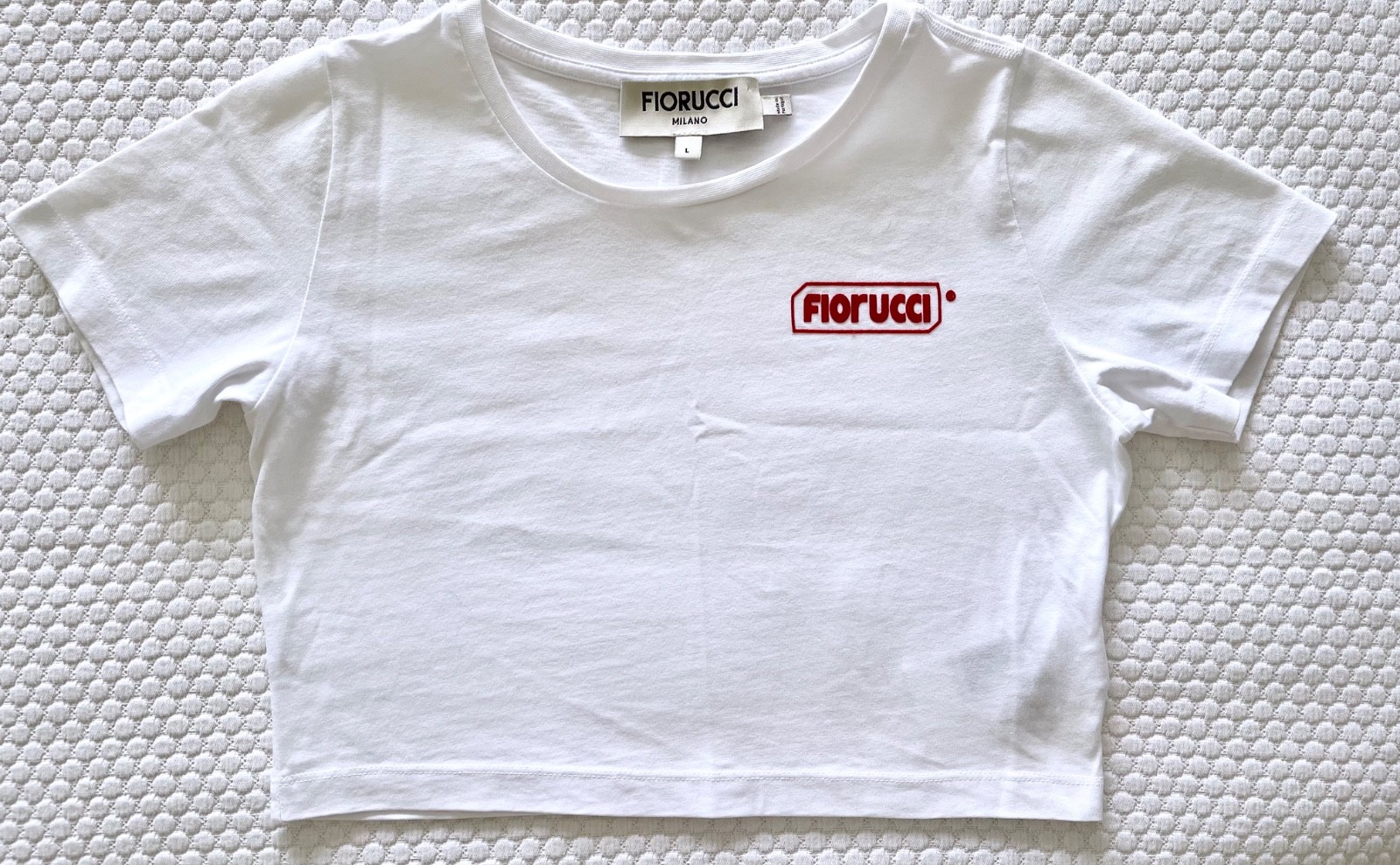 Fiorucci Size L Cropped White Short Sleeve Baby Tee T-Shirt Italian Designer