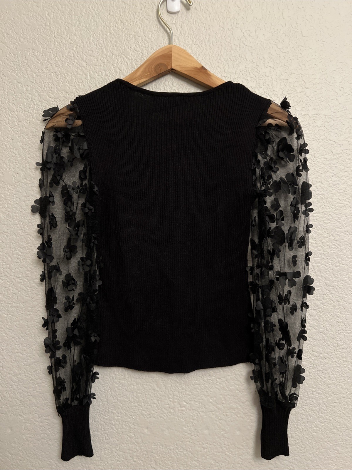 Black Ribbed Knit Mesh Sheer Puff Balloon Sleeve Top Artsy Dressy Evening XS