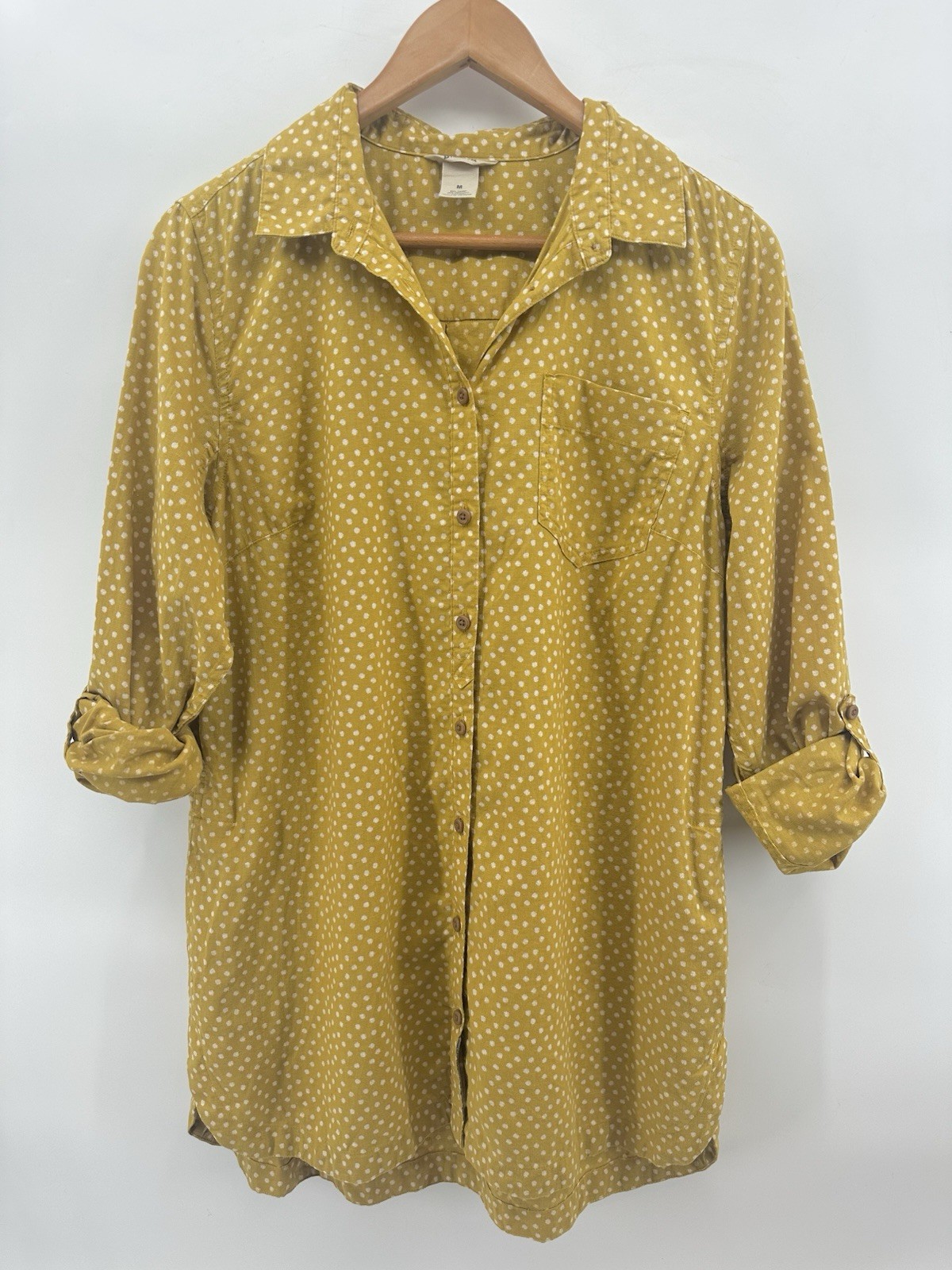 Duluth Trading Co Buttery Yellow Polka Dot Hemp Cotton Button Shirt OutdoorsYY07