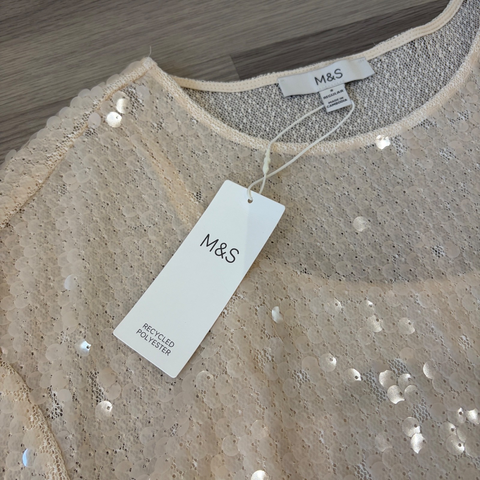 M&S Sequin Blouse Womens UK18 Champagne Party Sparkle Evening Occasion Mesh Top