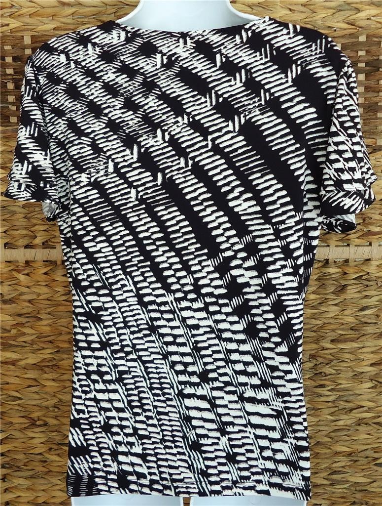 CALVIN KLEIN BLACK WHITE GEOMETRIC PRINT V-NECK SHORT SLEEVE TOP SIZE L NWT $59