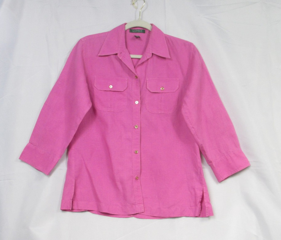 Lauren Ralph Lauren Womens Pink 100% Linen Roll Tab Gold Button Down Shirt S