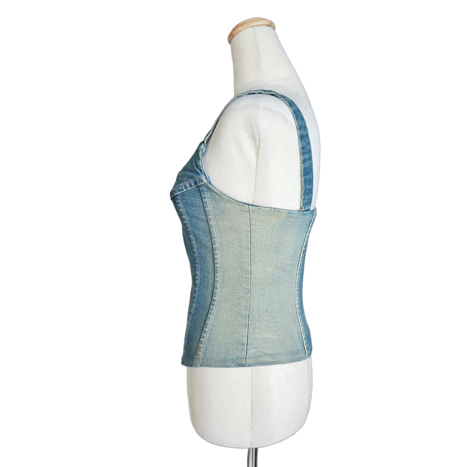 EB Denim Blue Sleeveless Zip Denim Wash Corset Woman Top