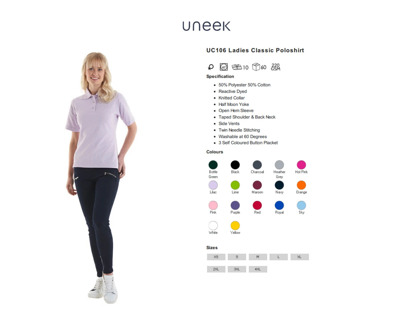 Uneek Women’s Work Classic Polo Shirt Half Moon Yoke Size XS to 4XL