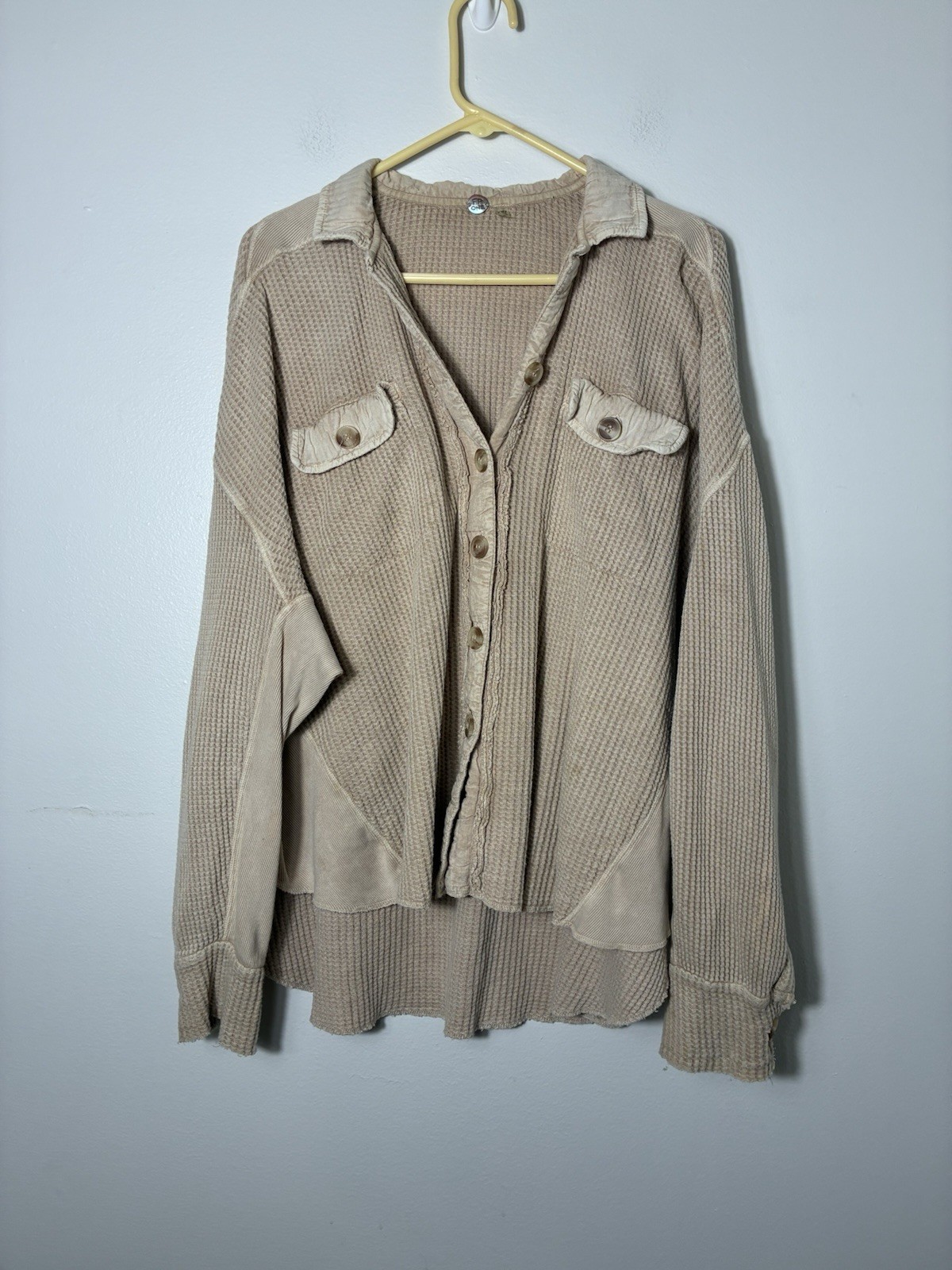 Free People One Scout Shacket Cotton Waffle Knit Button Front XS Oversized Boho