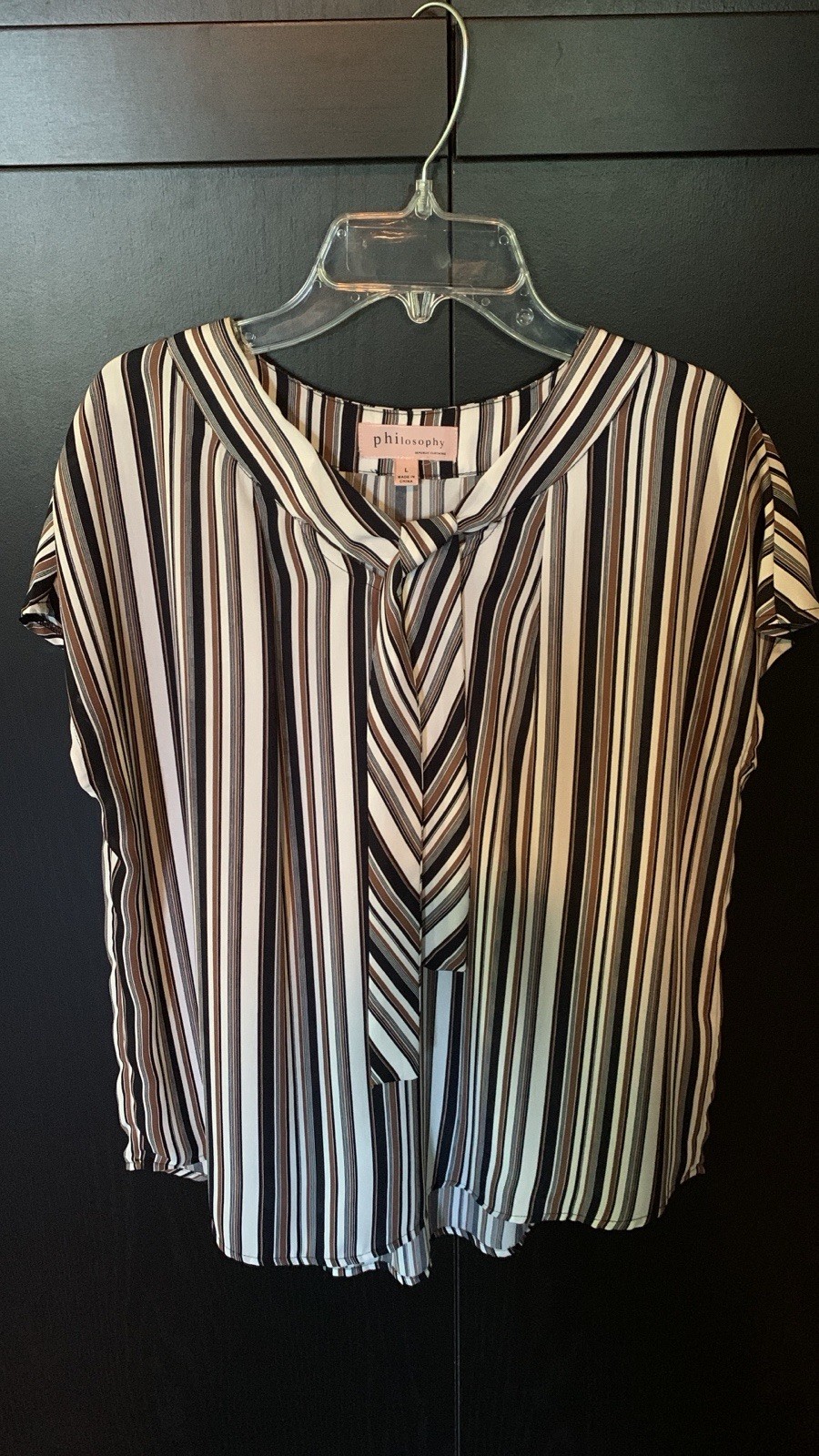 Philosophy Women’s Striped Tie Neck Cap Sleeve Blouse Top L Regular