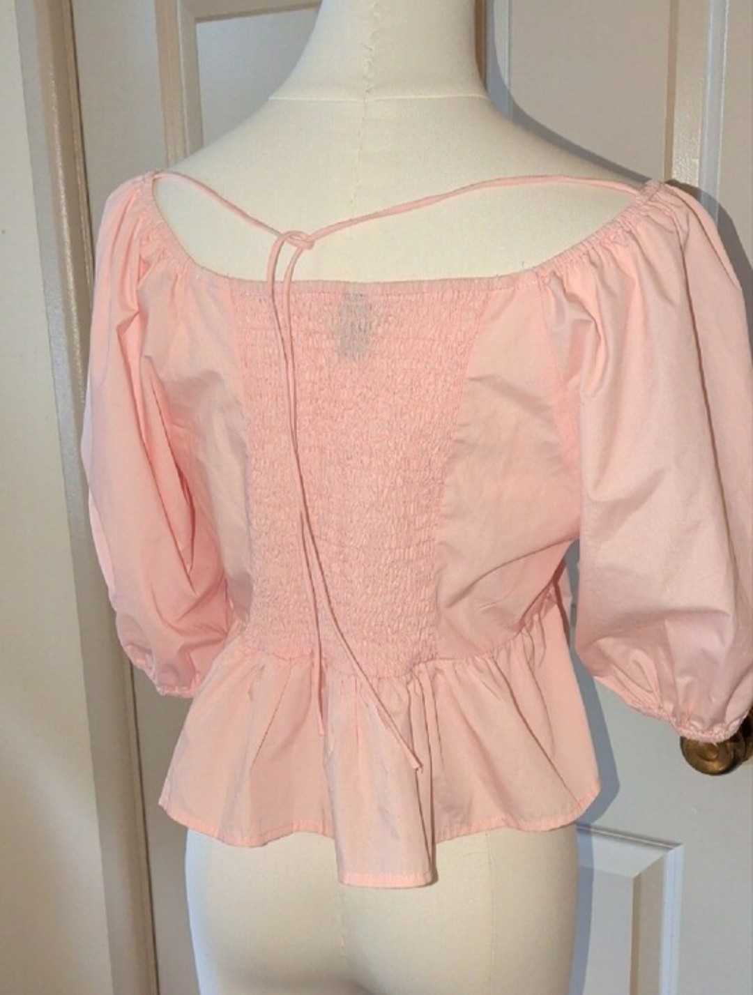 DAZY Women’s XL Pink Solid Square Neck Puff Sleeve Smocked Peplum Blouse