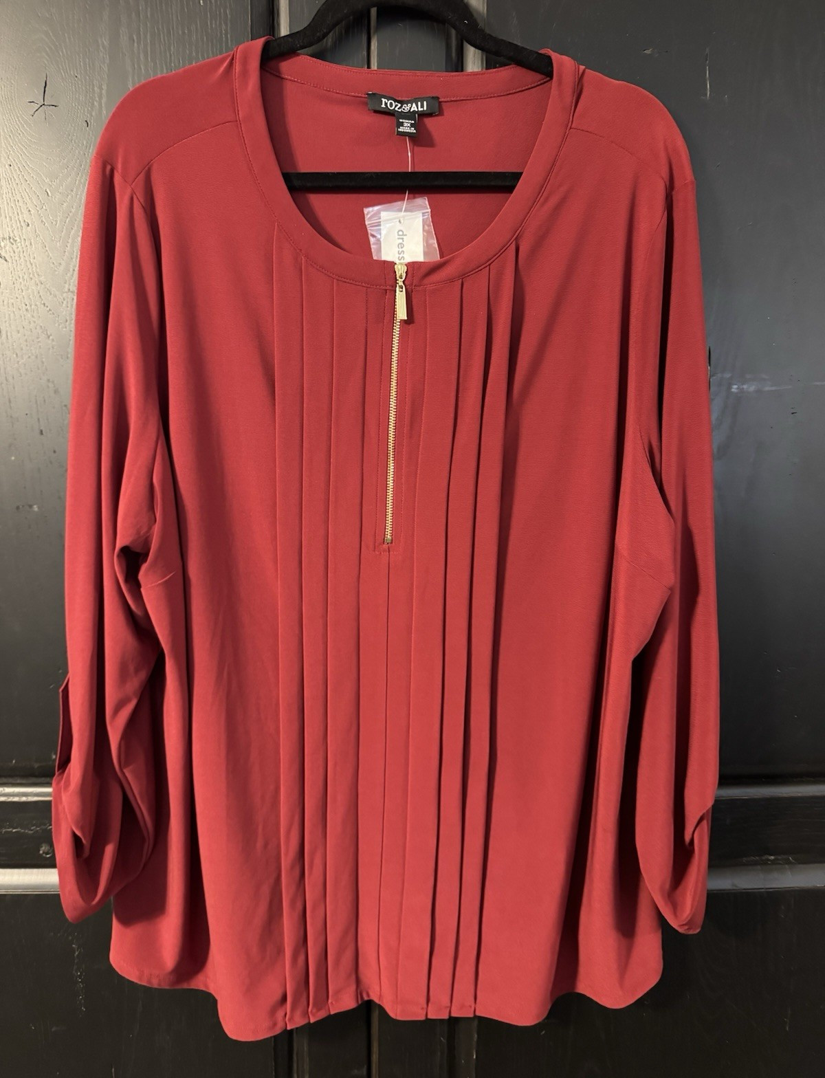 Roz & Ali Red Solid Scoop Neck Pleated Zip Front 3/4 Sleeve Blouse 3X