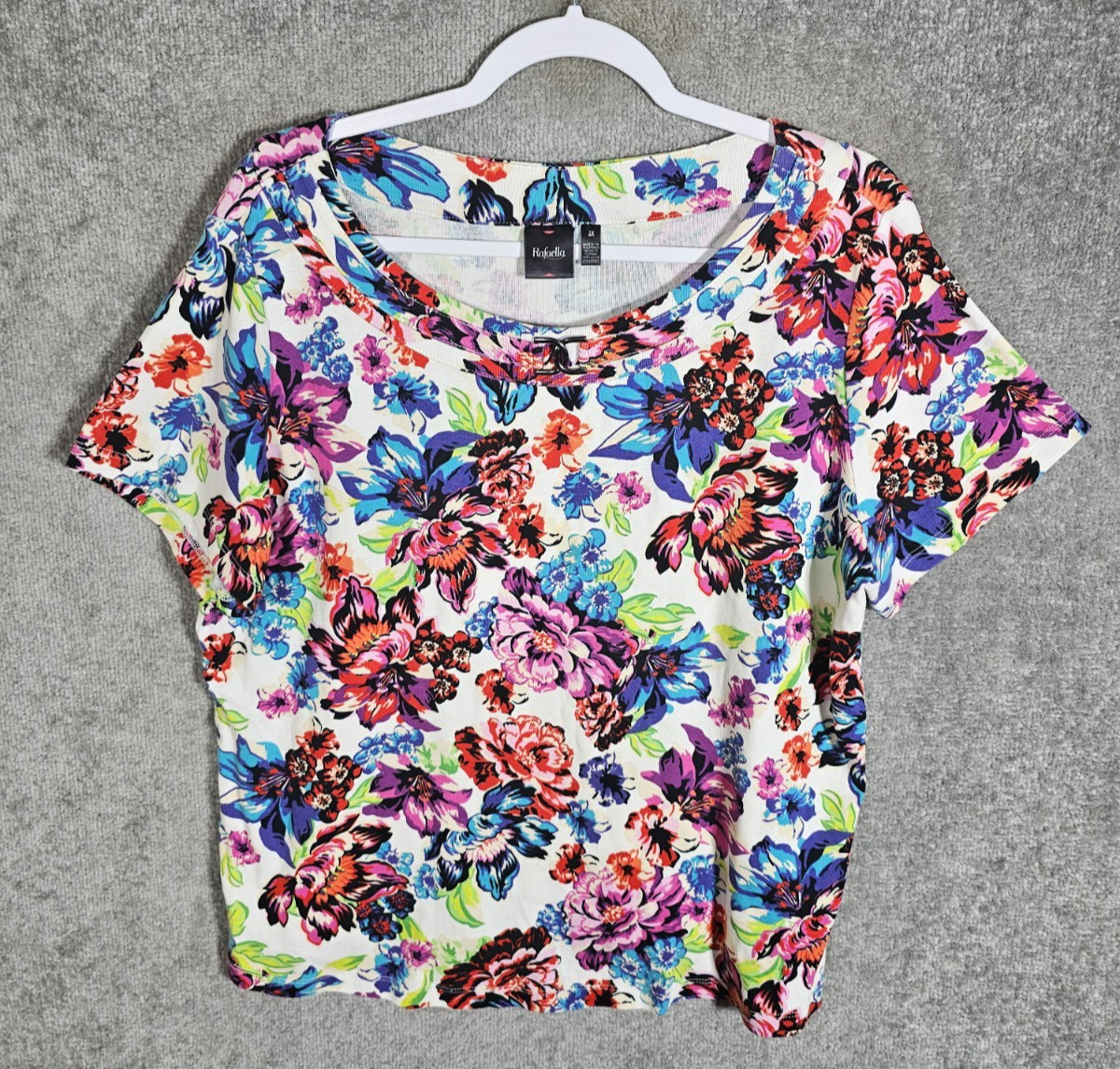 Rafaella Top Womens Size 2X Red Blue Purple Green Floral Short Sleeve Pullover