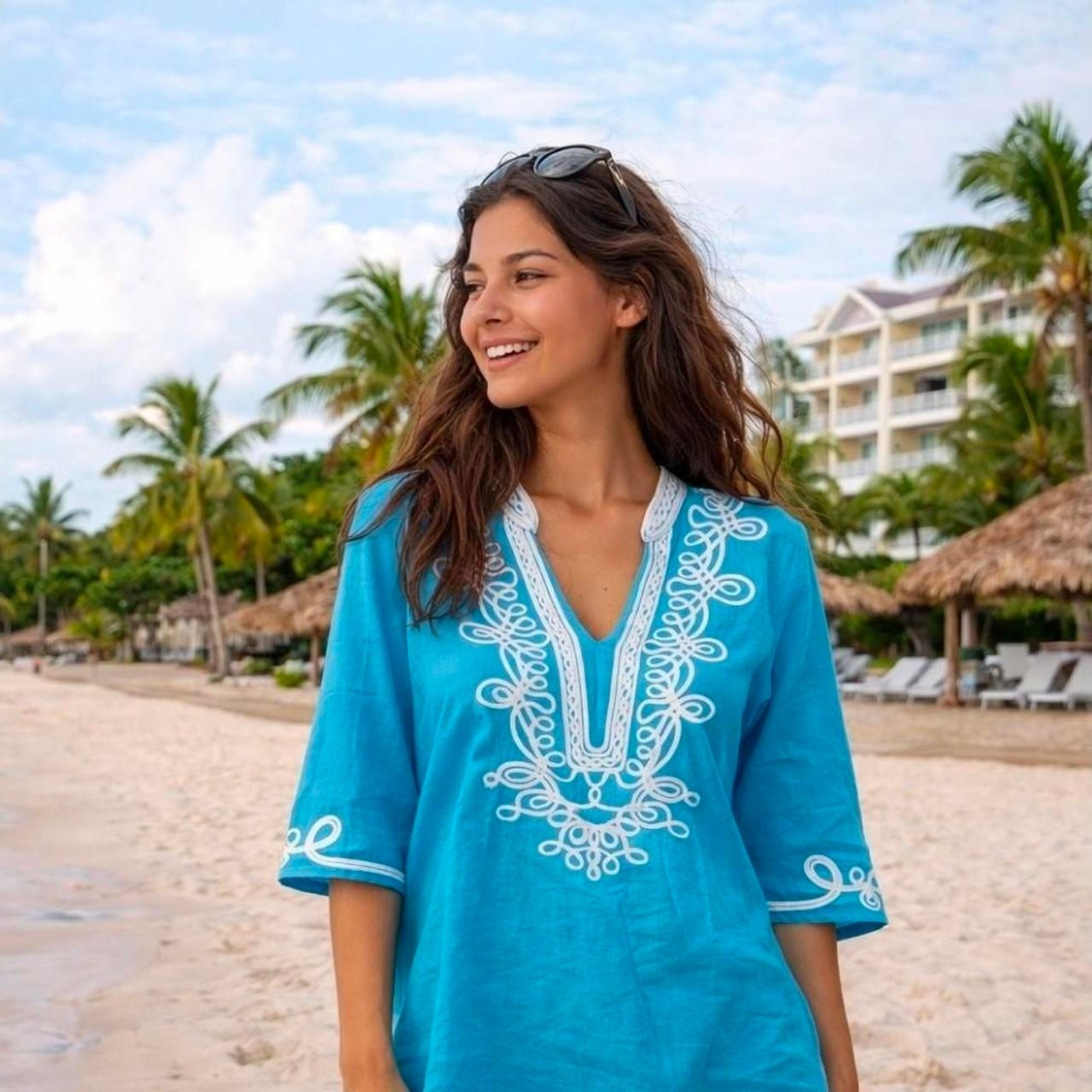 Turquoise Boho Tunic White Soutache Cord Embroidery V-notch Neckline Coverup