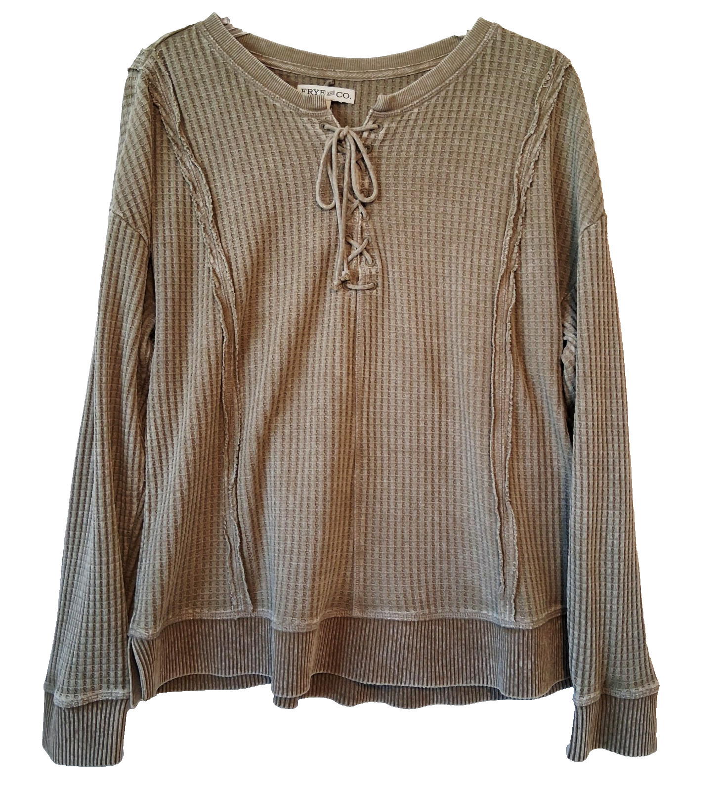 Y2K Frye Henley Shirt Top Womens Large Lace Up Waffle Knit Khaki Western Cowgirl
