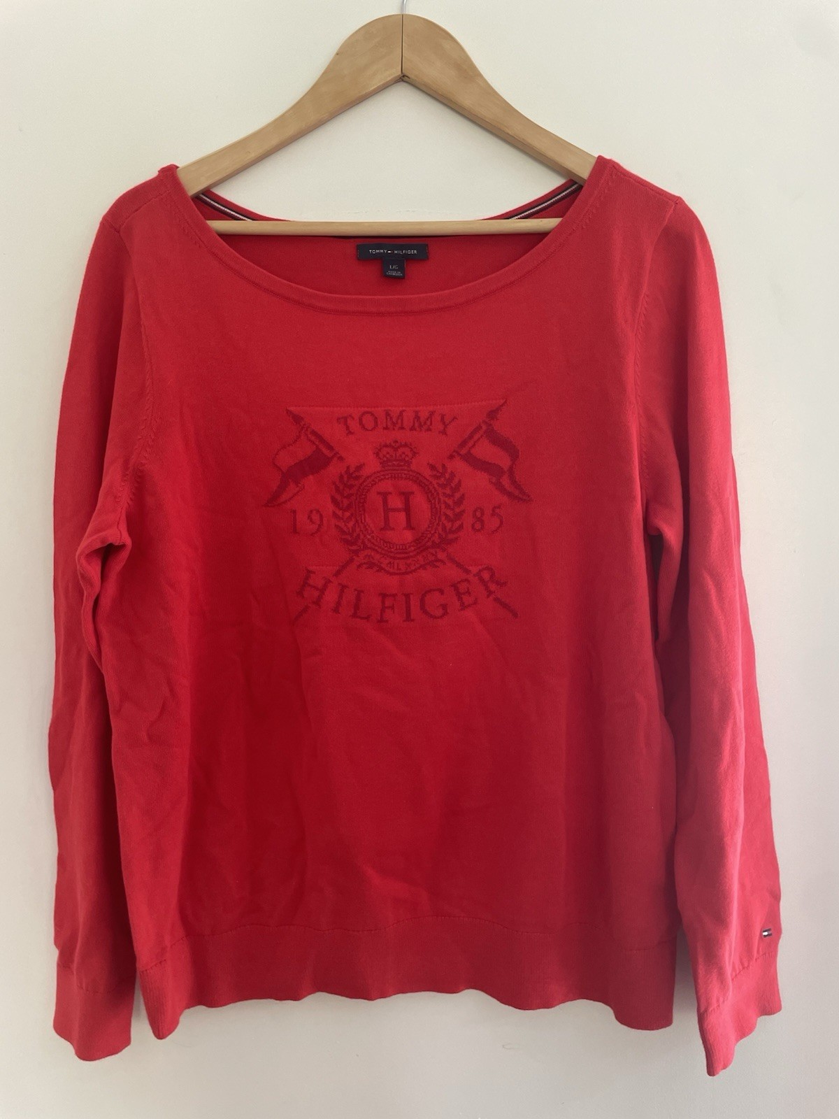 Tommy Hilfiger Womens Solid Red Crest Logo Rib-Knit Crewneck Long Sleeve Shirt L