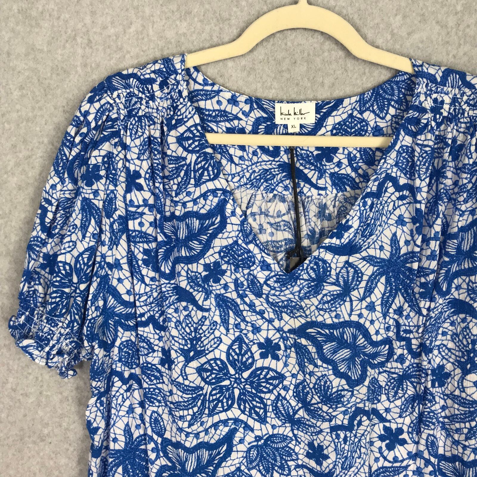 Nicole Miller Top Women XL Blue White Bloom Blouse Ruffle Career Church Coastal