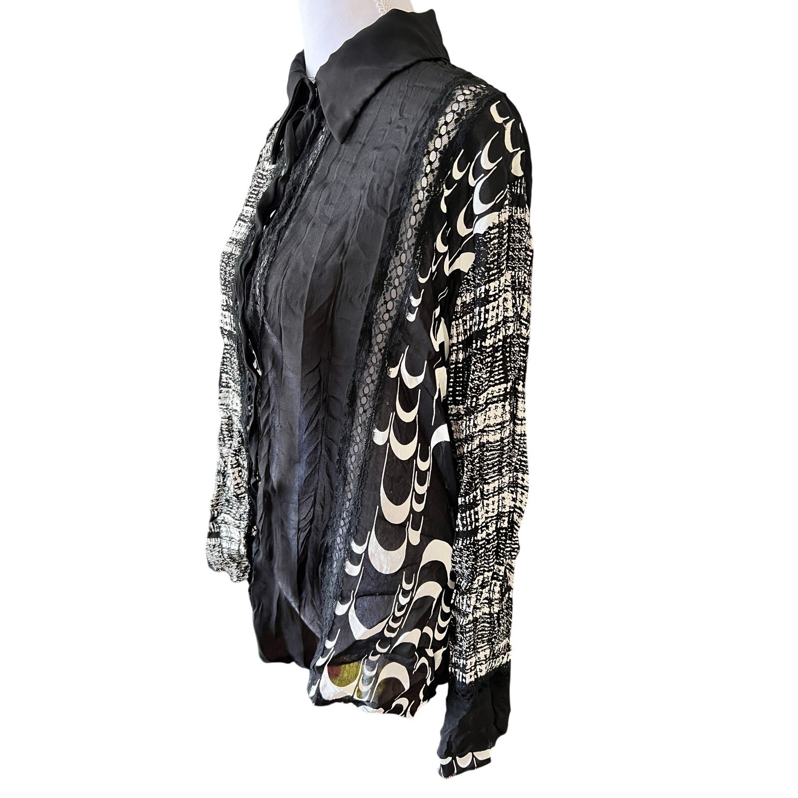 Vie Nocturne Paris Sheer Oversized Shirt Lace Mixed Print Artsy Button Up