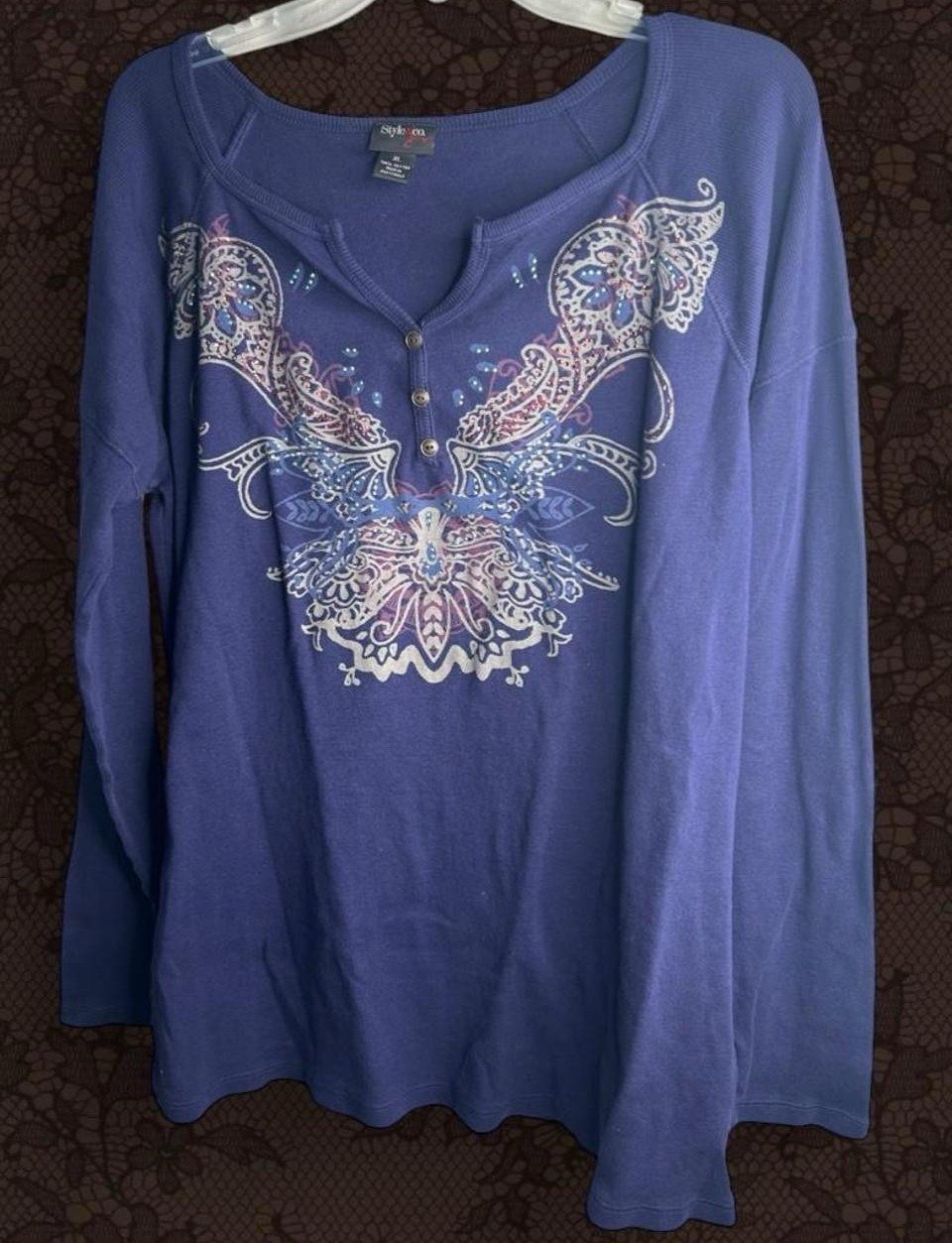 Y2K Vintage Style & Co Women’s Purple Paisley V Neck Long Sleeve Cotton Top XL