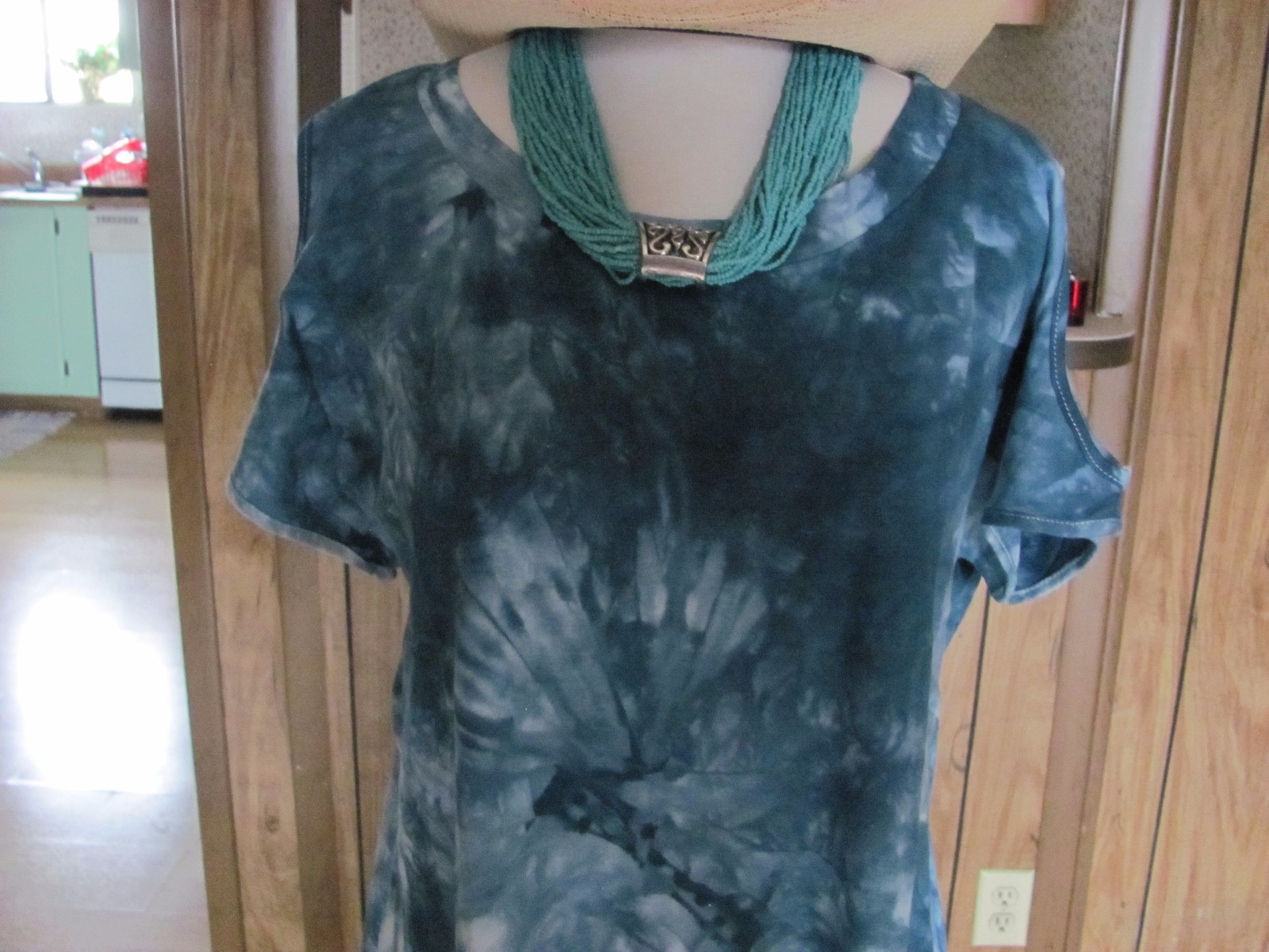 L-Love Ladies Cut-out shoulder tie dye top with fringe Tunic/Teal Cotton/Spande