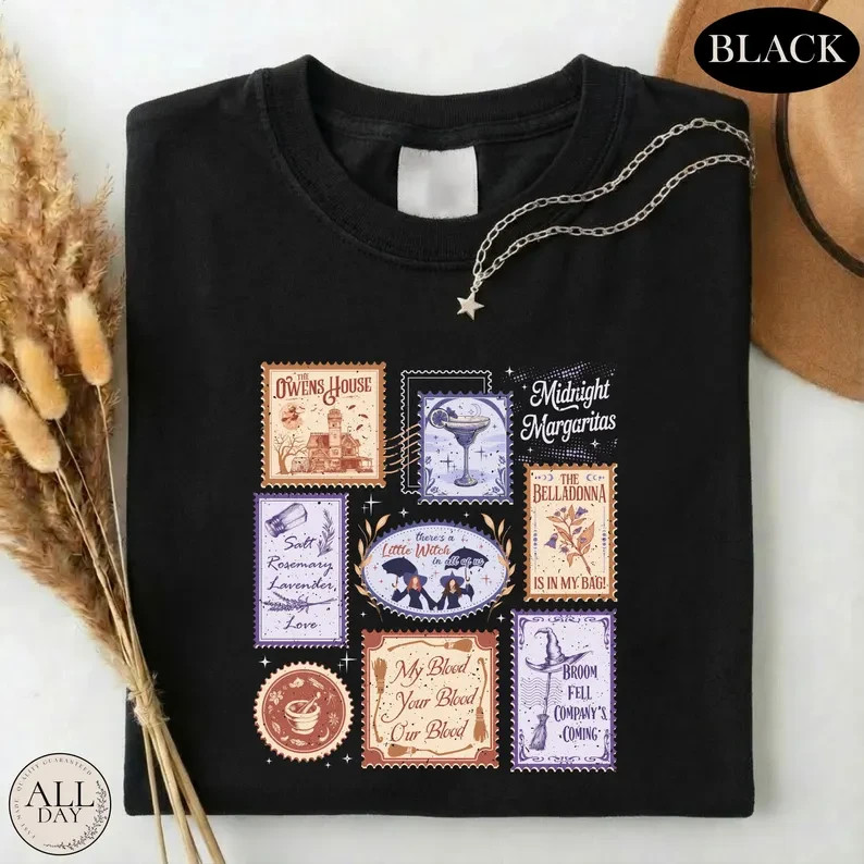 Midnight Margaritas Shirt Vintage Witch Postage Stamp Halloween Graphic Tee