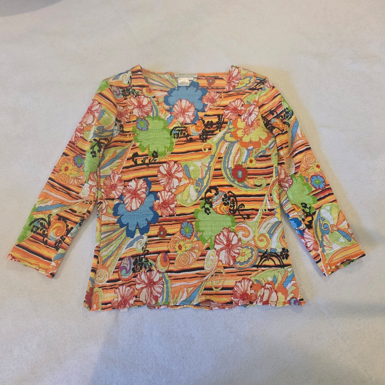 Alberto Makali Womens Small Floral Crinkle Pleated V-Neck 3/4 Sleeve Blouse Top