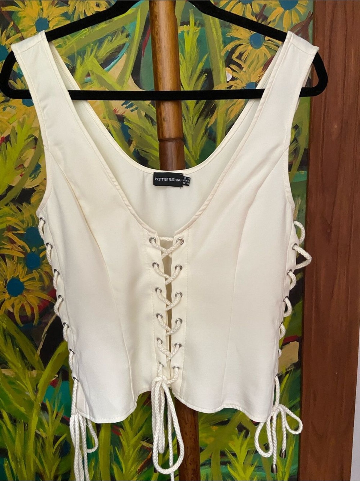 PrettyLittleThing Cream Lace-Up Corset Camisole Tank Top