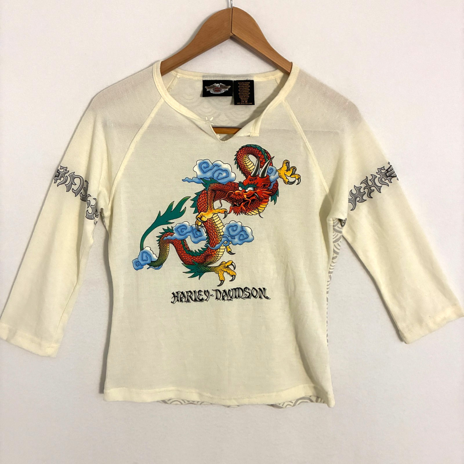 Vtg 90s Harley Davidson USA Top Women M Dragon 3/4 Sleeve Tattoo Grunge Rare