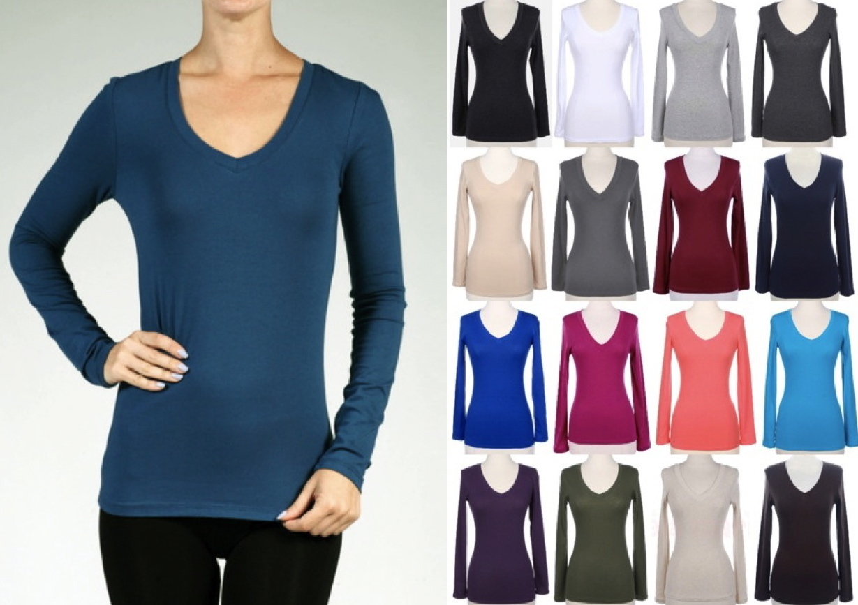 NEW Plus Size Basic Cotton Stretch V Neck Long Sleeve T Shirt Top-L/XL/1X-2X-3X
