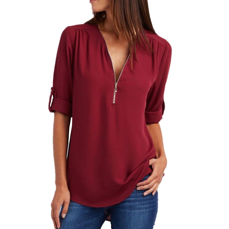 V-neck zipper oversized sleeveless loose chiffon shirt