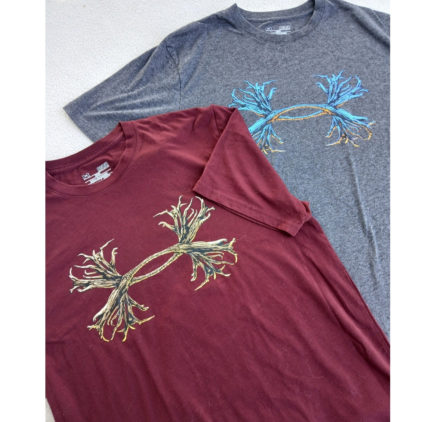 Two Under Armour Antler Logo HeatGear Fabric T-shirts Med