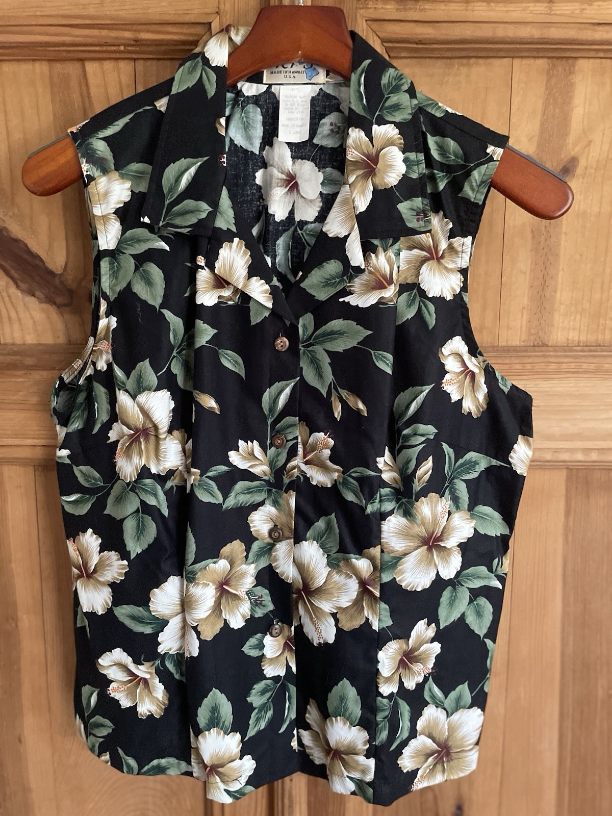 Vintage Ky’s Hawaiian Shirt Womens XL Made USA Y2K 90s Black Hibiscus Sleeveless