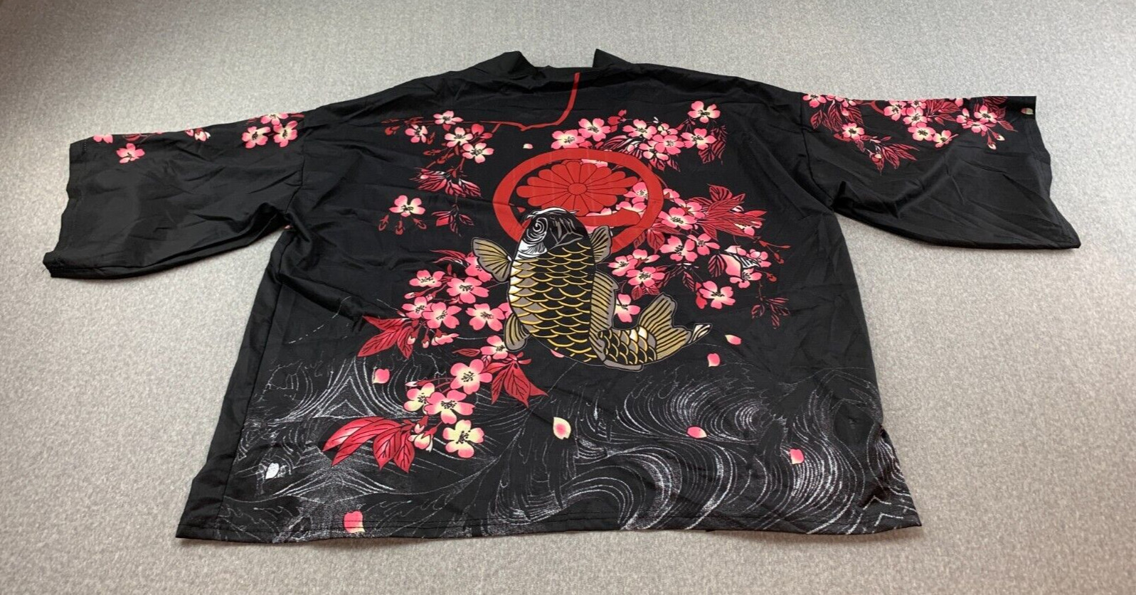 Kimono Koi Fish Short Robe Top Womens XL* Black Silky Cherry Blossoms Pretty