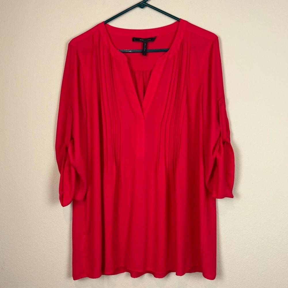 BCBG MaxAzria Gena Red Berry Lightweight Semi-Sheer Pull Over Tunic Top Blouse