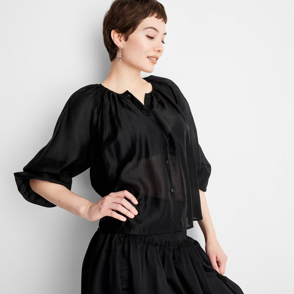 Women Balloon Long Sleeve Flowy Sheer Boho Top – Future Collective Black
