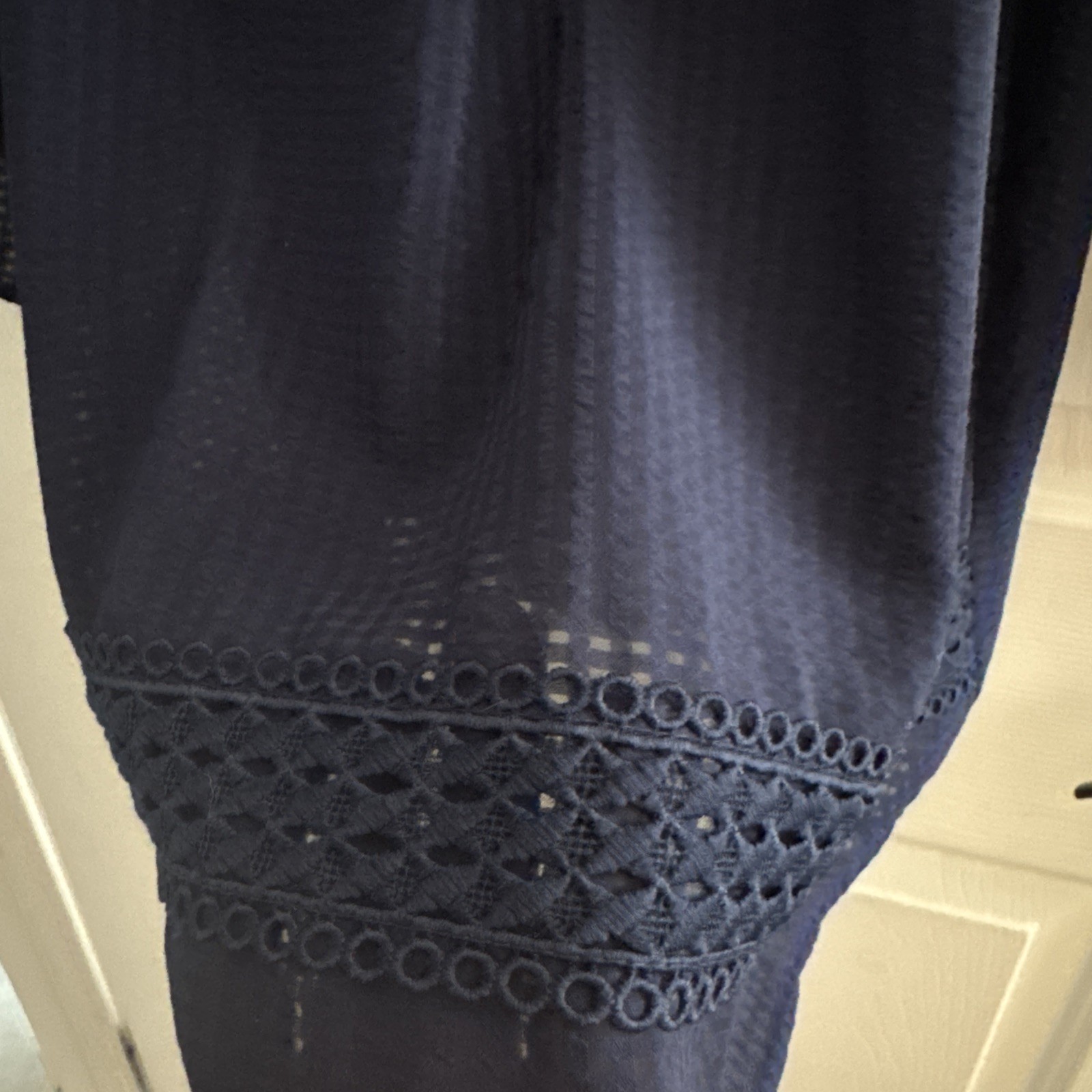 AB Studio Women’s Size Small Sheer Navy Blue Blouse 3/4 Sleeves Bead Accent