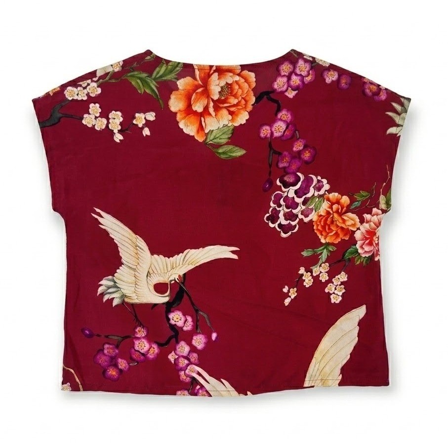 NEW Bryn Walker XXS 2XS 100% Silk Crane Floral Print Top Red Italian Fabric