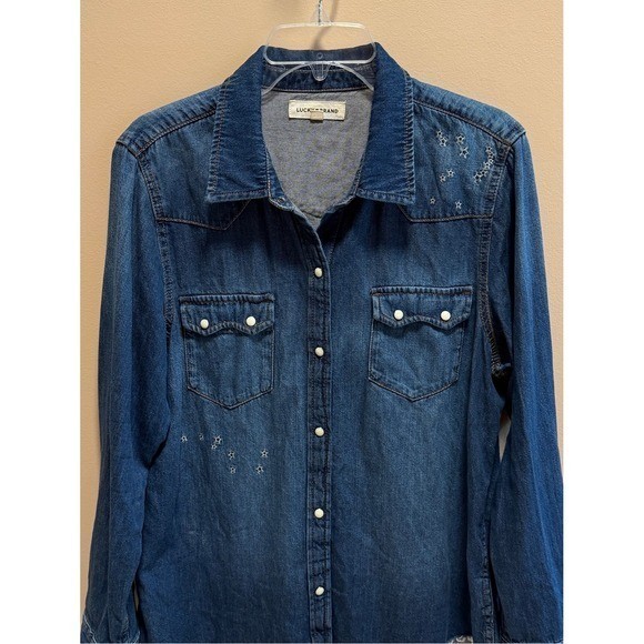 Lucky Brand Denim Western Shirt Snap Button Contrast Stitch Star Embroidery Lg