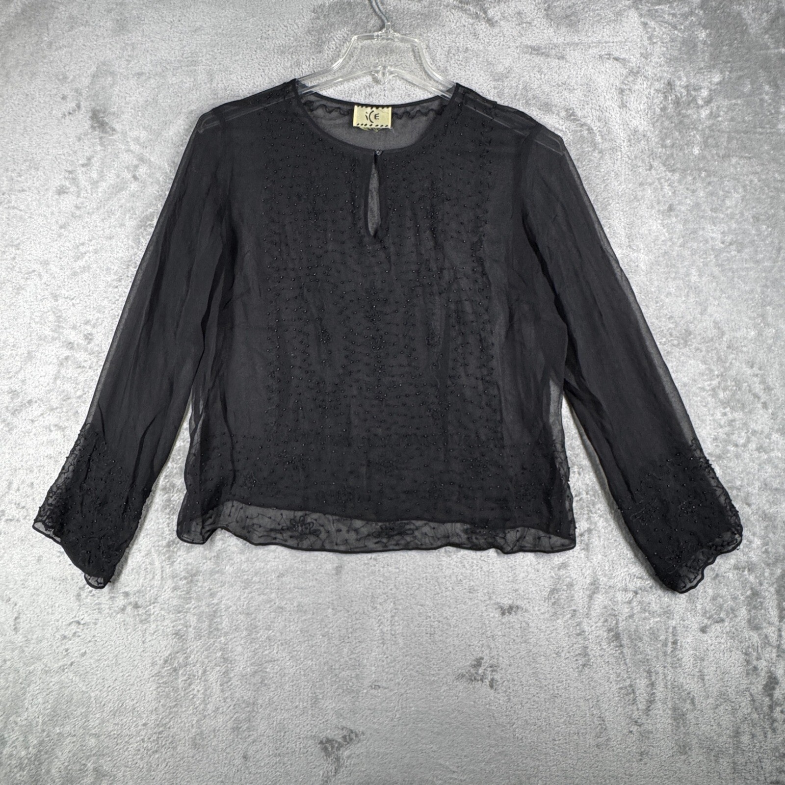 ICE Blouse Beaded Long Sleeve Sheer Keyhole Embellished Top 2000s Y2K Size Large