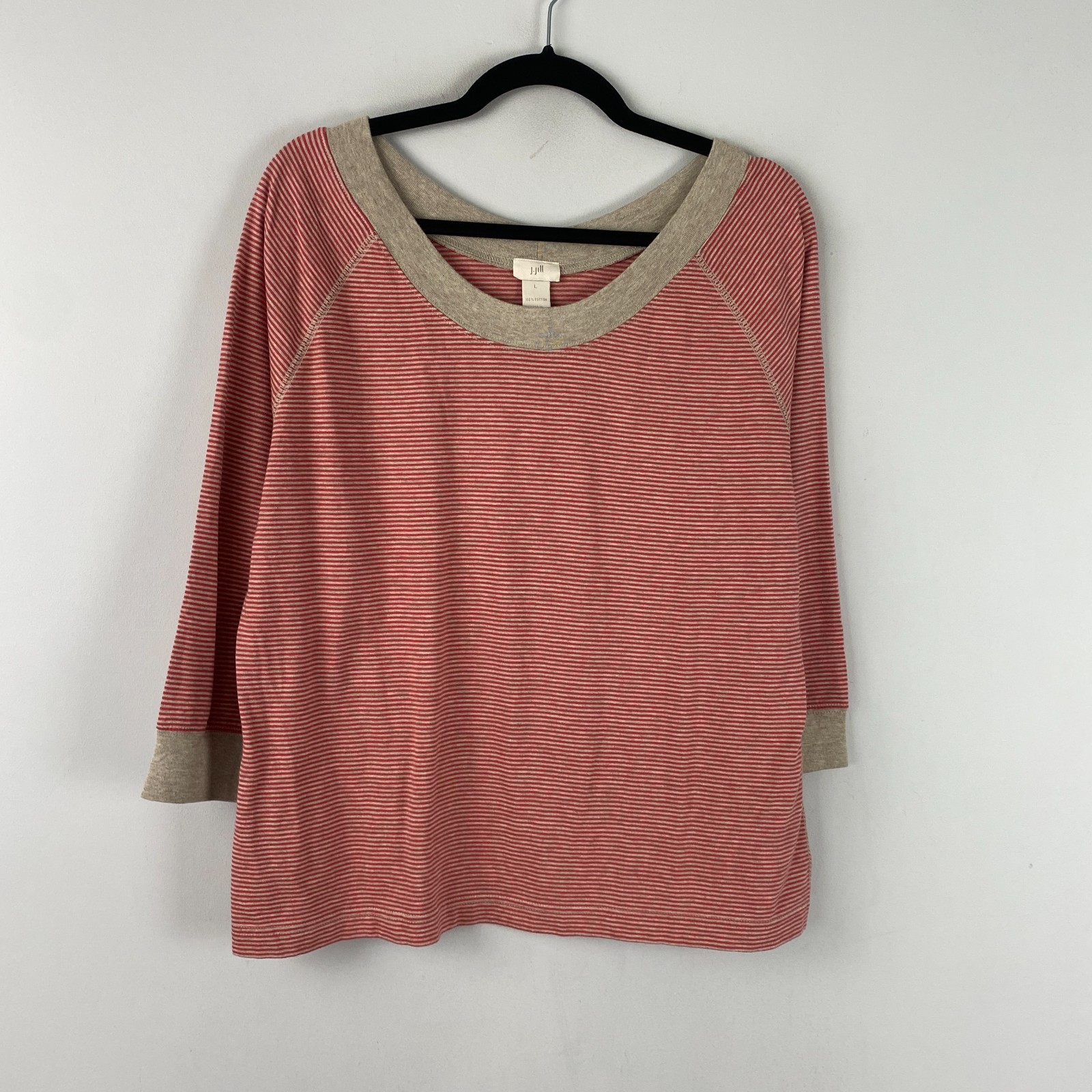 J Jill Knit 3/4 Sleeve Top Size Large Red Gray Stripe Cotton Raglan