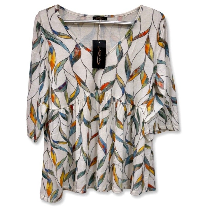 NWT OFEEFAN Wns Large Boho Coastal Leaf Print VNeck 3/4 Sleeve Flowy Tunic top