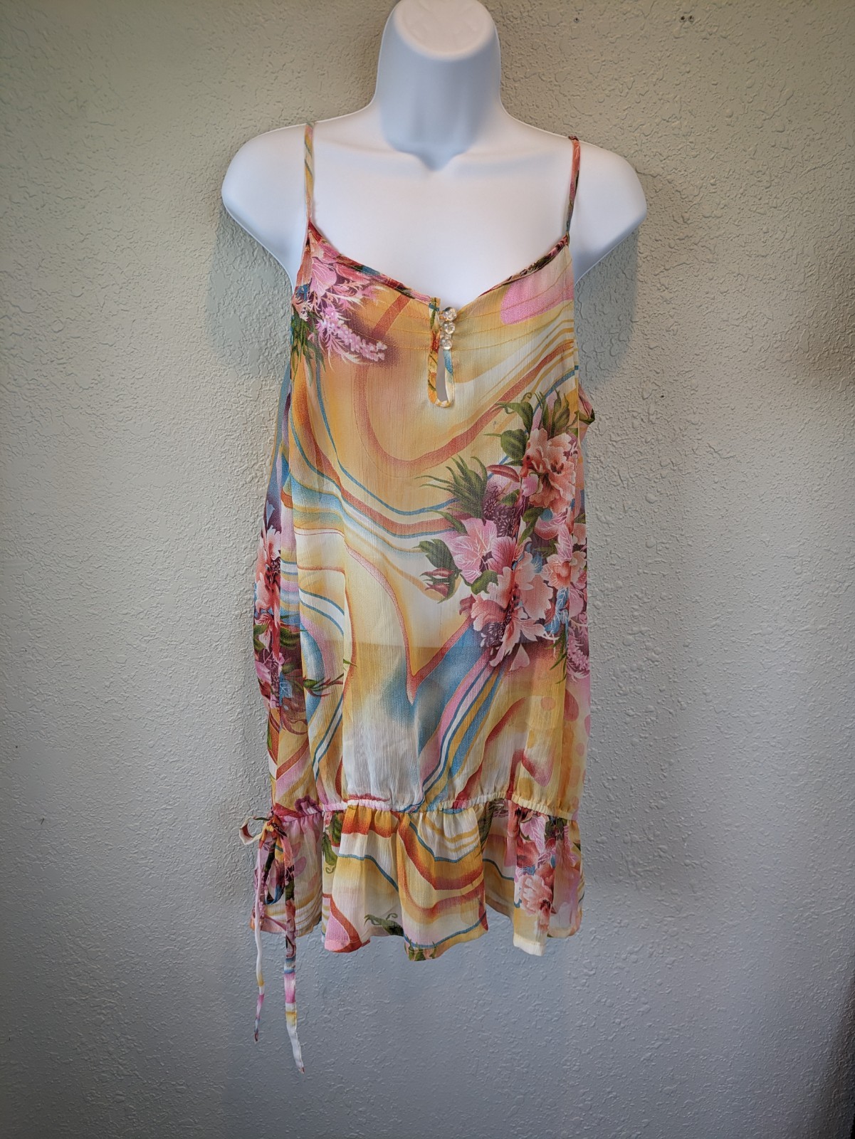 Vtg Retro Sheer Tunic Tank Step In Style LARGE Hippie Fairy Tropical Floral Art