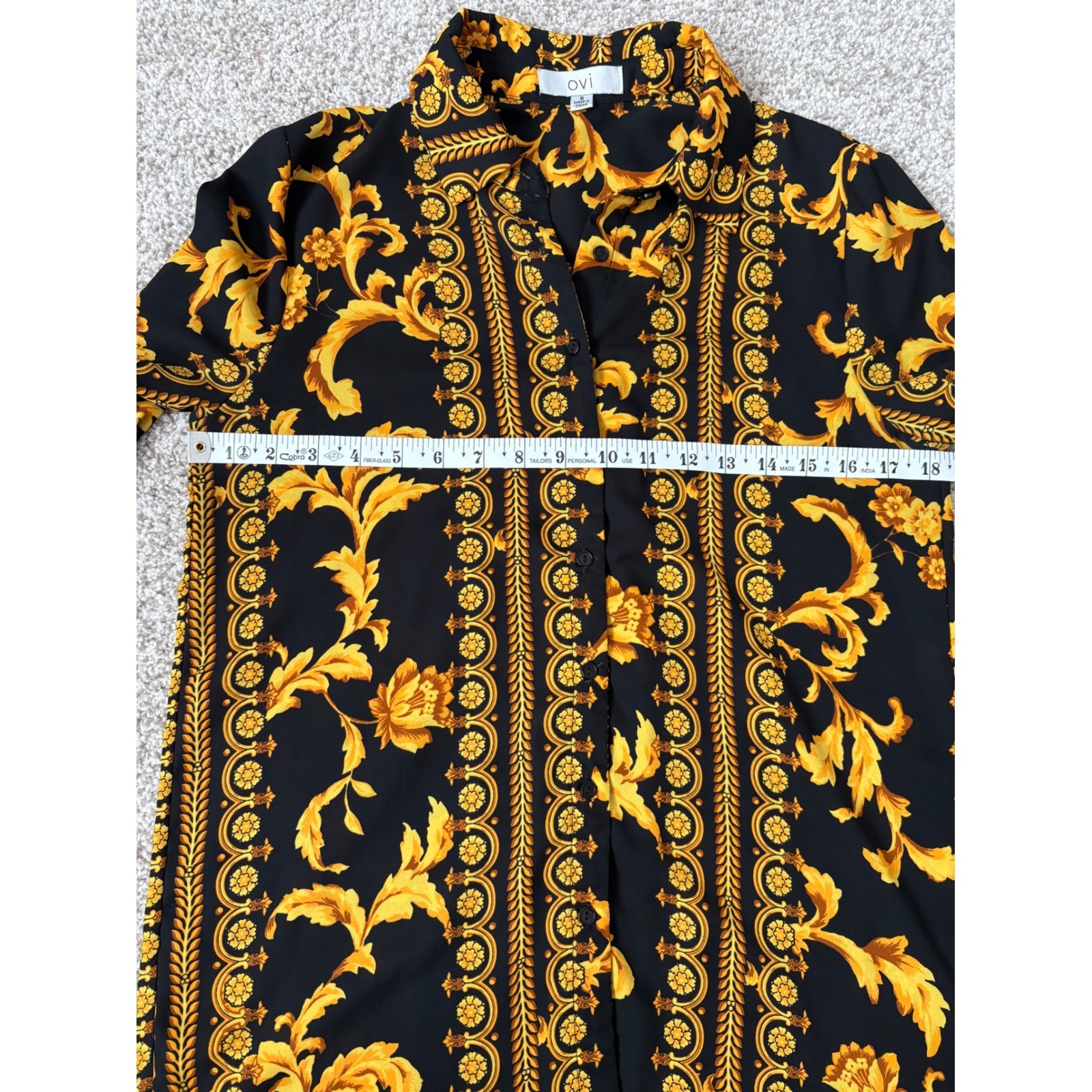 Ovi Women’s S Black Gold Baroque Scroll Floral Print Button Down Money Top