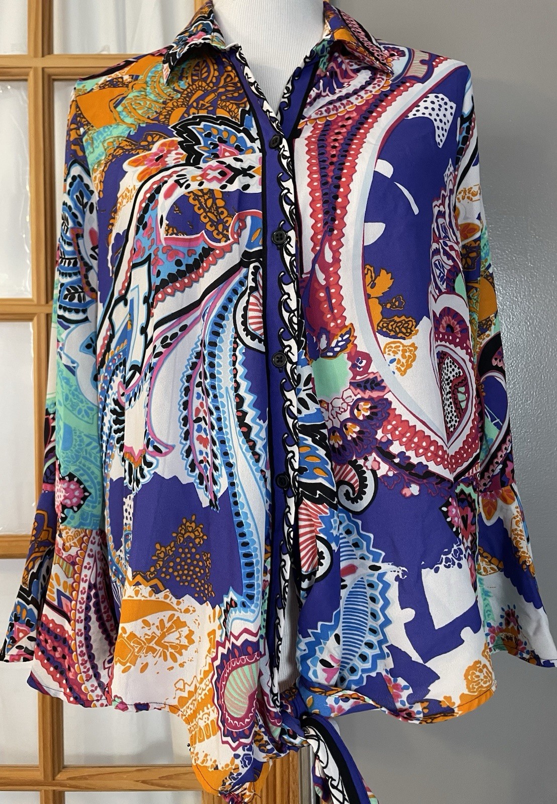 Bold Elements Floral Blouse Sz M Pink Purple Bell Sleeve Button Up Festive City