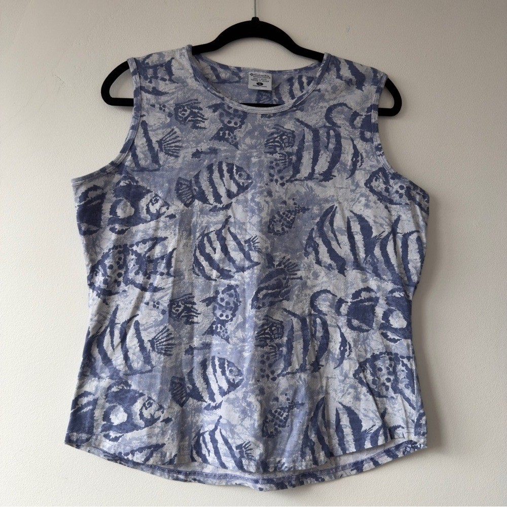 Sleeveless Fish-Print Tank Top – Blue Columbia