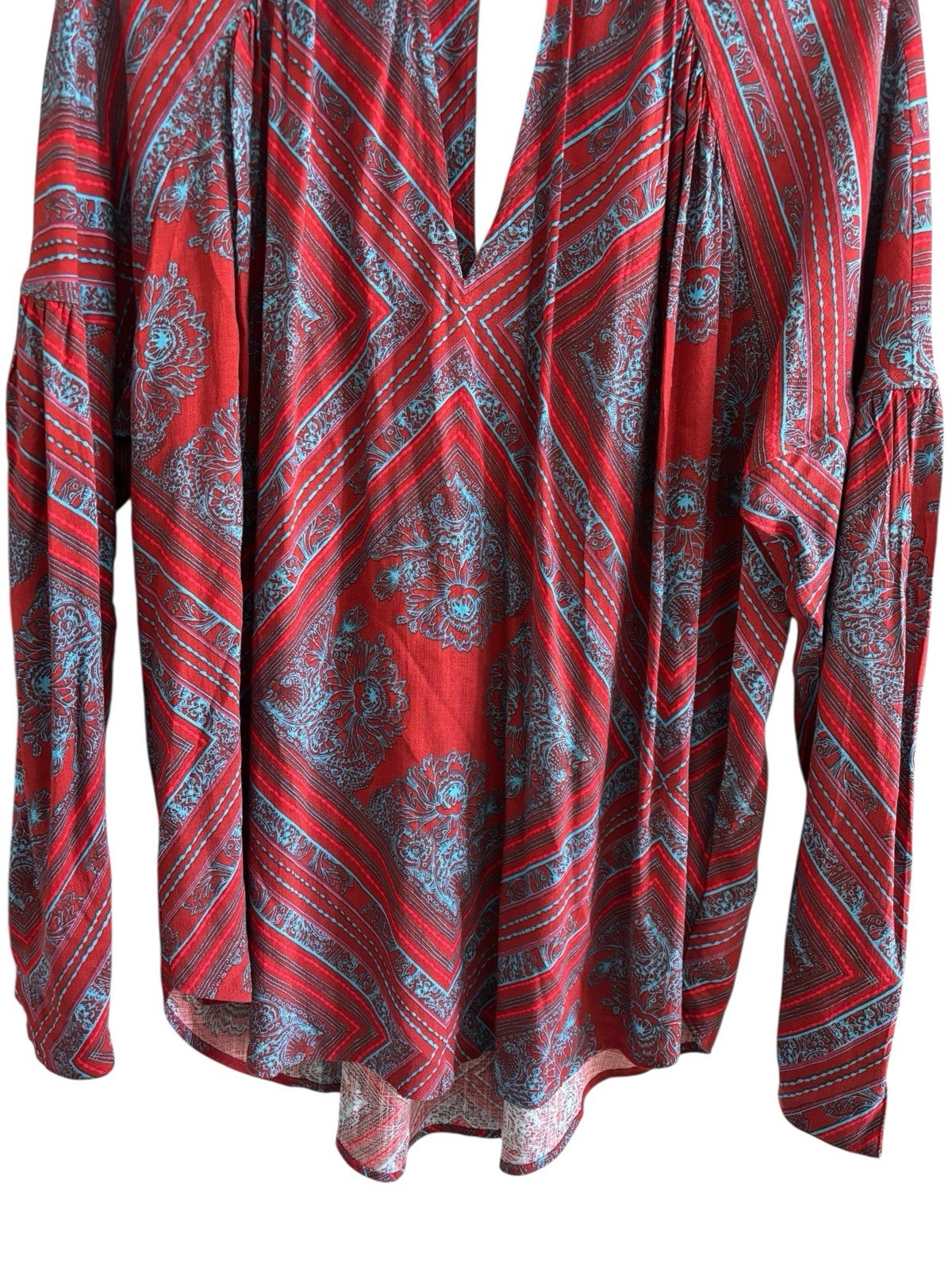 Free People Walking On A Dream Tunic Top Women’s S Red Blue Keyhole Aztec Boho