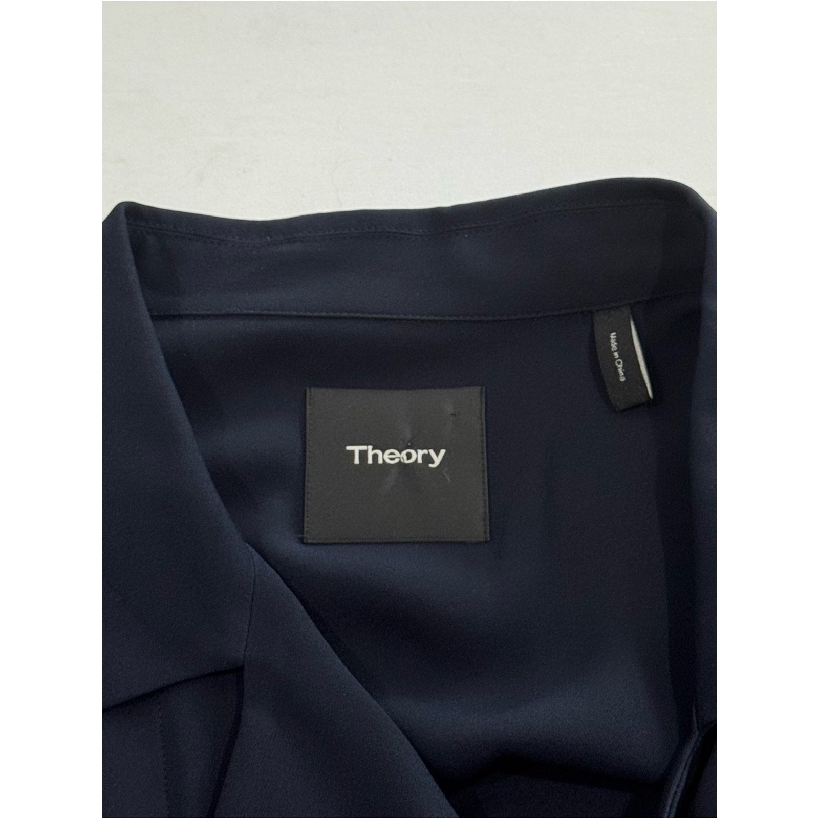 Theory Navy Silk Utility Pocket Tie Waist Blouse Top Size L