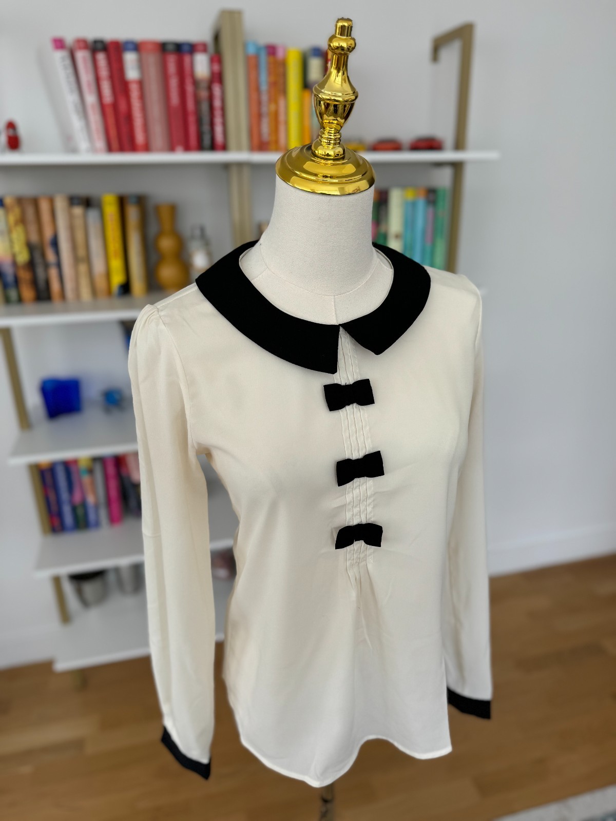 Ole by Koton Long Sleeve Cream & Black Blouse EUR Sz 36/ US Sz Small *FLAW READ!